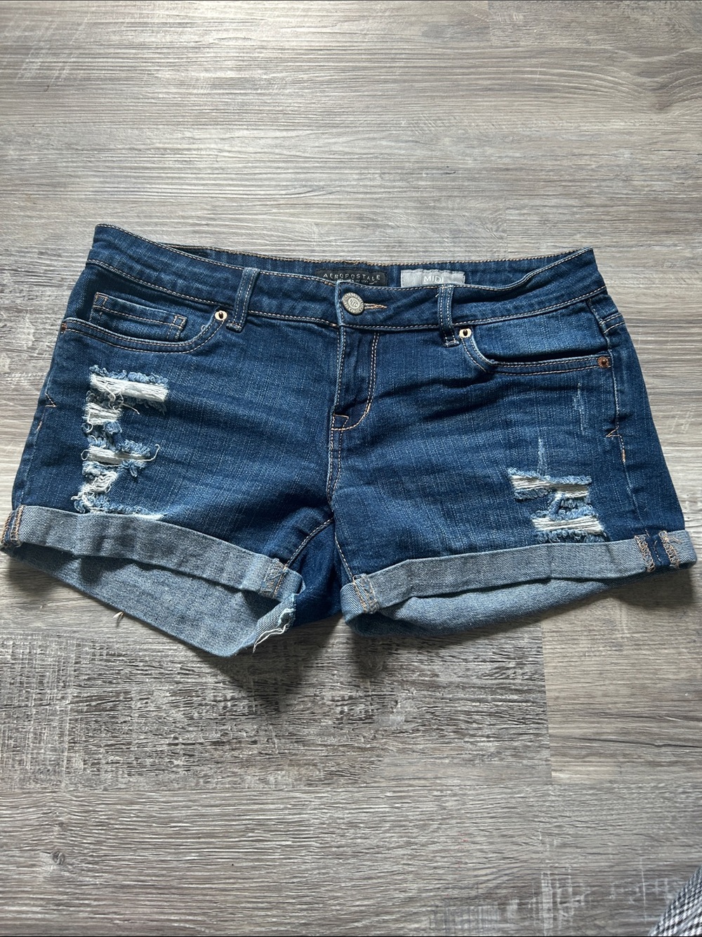 Aeropostale Dark Blue Distressed Rolled-Hem Denim Shorts
